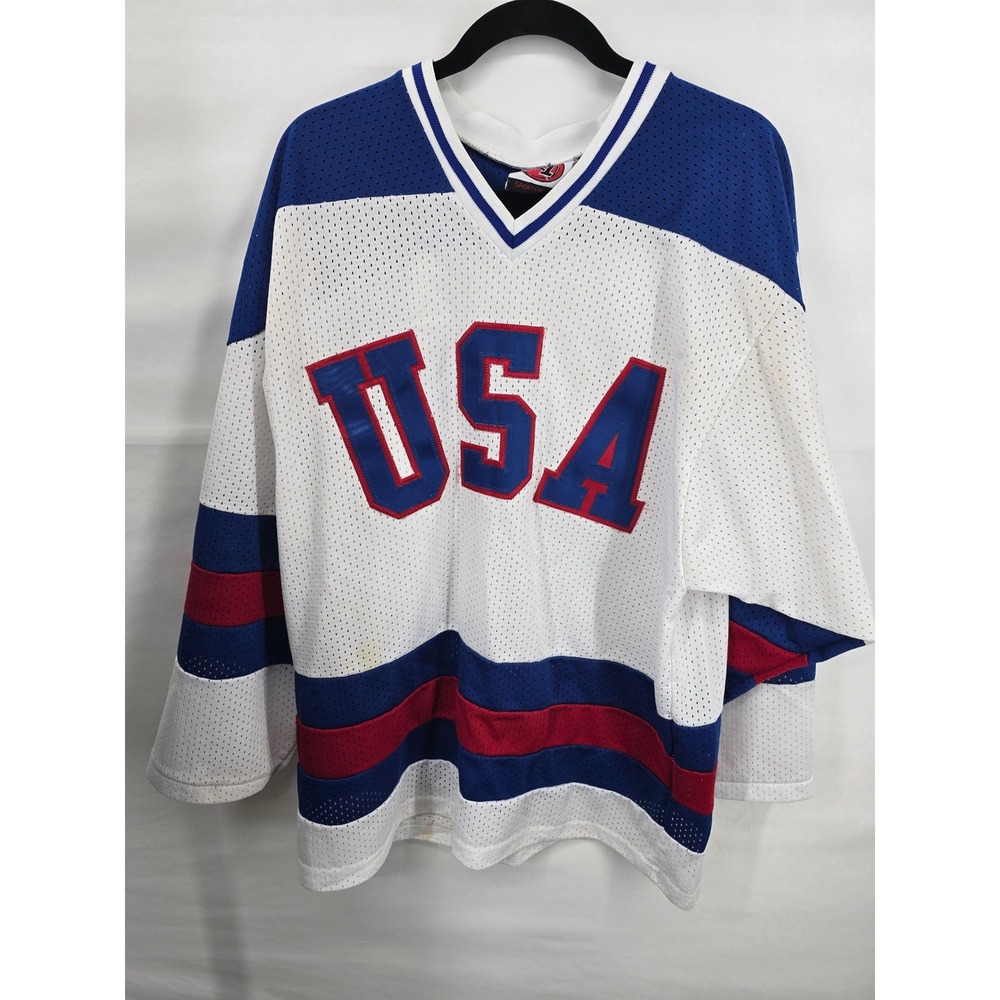 Vintage K1 Sportswear USA Hockey Jersey Mens Medium White Blue Red Mesh Stars